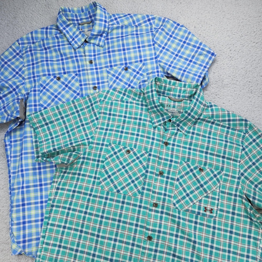 Lot Of 2 Under Armour Shirts Mens Large Plaid HeatGear Vented S/S Button Up